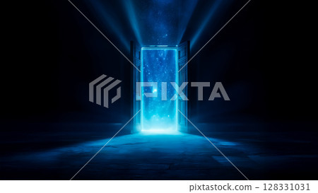 一扇通往太空的門，門外是深空的景色，一幅未來主義的奇幻構圖 128331031