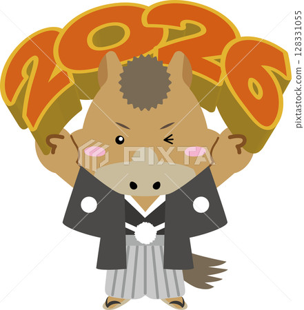 Horse character wearing haori and hakama holding up the 2026 symbol | Zodiac, New Year's card, New Year illustration material 128331055