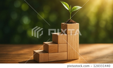 Growth as told by wooden building blocks and young leaves 128331440