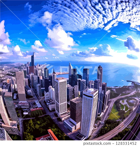 Buildings along the coast where the sea is open 128331452