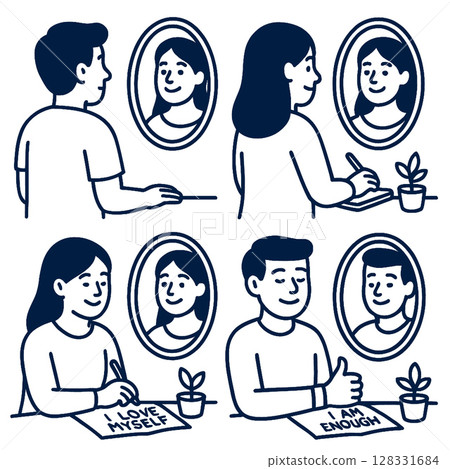 Person reflecting on self love and positivity through writing and self affirmation Person reflecting on self love and positivity through writing and self affirmation 128331684