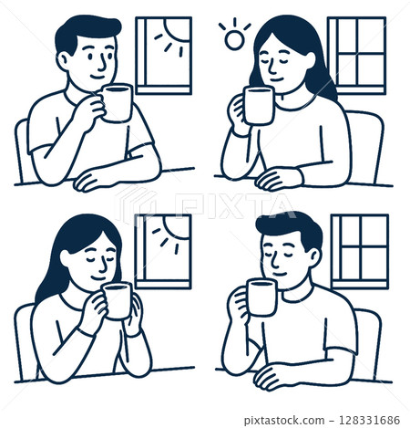 Enjoying warm beverage, these characters express calm and contentment in cozy setting 128331686