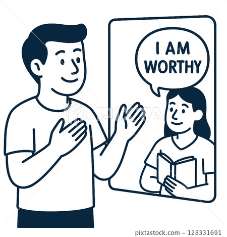 Person practicing self affirmation in front of mirror, promoting self worth and positivity 128331691