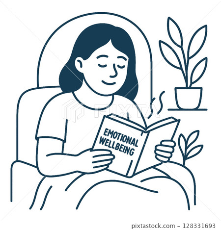 Person reading book titled Emotional Wellbeing in cozy setting with plants nearby 128331693