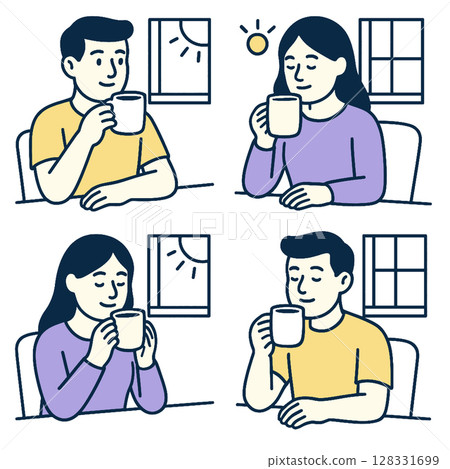 Enjoying warm beverage, these illustrations depict cozy morning routine with sunlight streaming 128331699