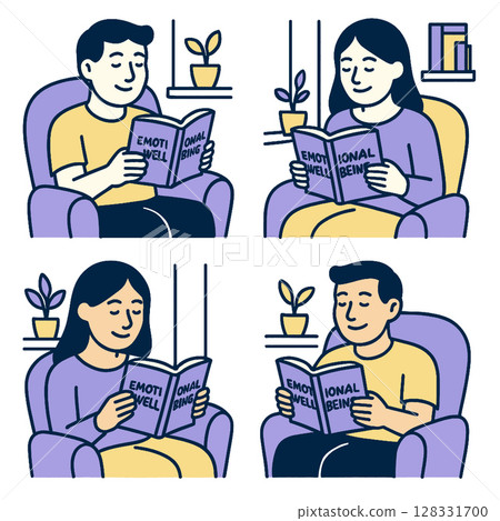 Two people reading about emotional well being in cozy setting, expressing calmness and focus 128331700