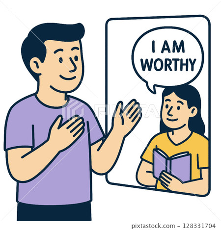 I am worthy affirmation illustration showing person speaking to their reflection, promoting self 128331704