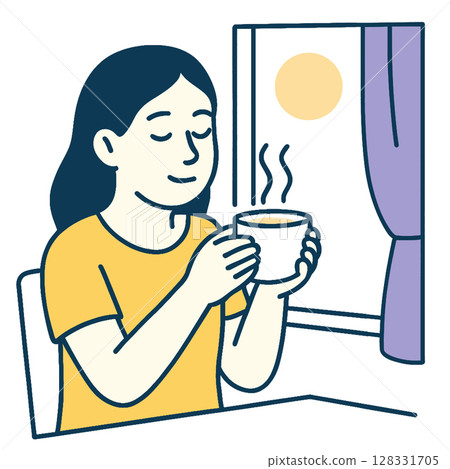 Enjoying warm beverage by window, person relaxes in sunlight 128331705