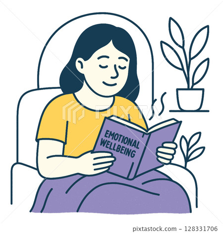 Person reading book titled Emotional Wellbeing cozy setting, promoting relaxation and self care 128331706