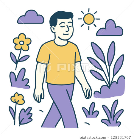 Person walking in sunny outdoor setting surrounded by flowers and plants, enjoying nature 128331707