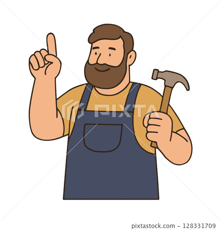 Cheerful man with hammer raises his finger, indicating point. He wears blue apron over yellow Cheerful man with hammer raises his finger, indicating point. He wears blue apron over yellow 128331709