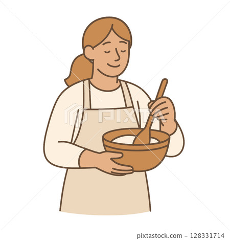 Person mixing ingredients in bowl, wearing apron, with joyful expression Person mixing ingredients in bowl, wearing apron, with joyful expression 128331714