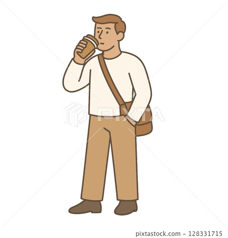Young man enjoys warm beverage while standing casually, exuding relaxed vibe Young man enjoys warm beverage while standing casually, exuding relaxed vibe 128331715