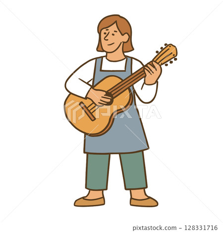 Person playing guitar, wearing apron, smiling happily Person playing guitar, wearing apron, smiling happily 128331716