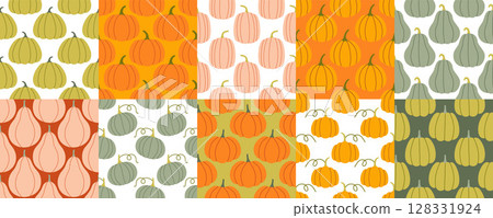 Pumpkins seamless pattern big set. Autumn pumpkin on isolated background. Square repeat pattern flat design for fall season. 128331924