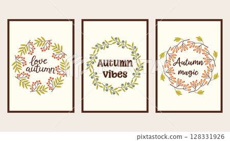 Autumn simple poster set. Fall flyer doodle set. Vectical banner autumn elements. Autumn interior design poster, end of season promo template. Vector illustration. 128331926