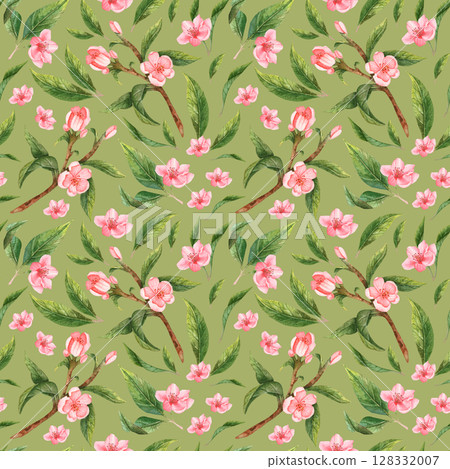 Seamless floral pattern in watercolor. Peach, apple flowers. Seamless floral pattern in watercolor. Peach, apple flowers. 128332007