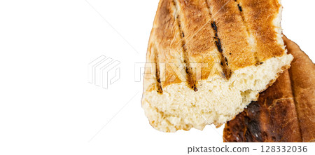 Bits of delicious toasted flatbread, isolated on white background, space for text on the left, top view, Asian oriental cuisine 128332036