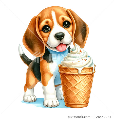 冰淇淋和微笑的小獵犬小狗 1 / 傳單和海報材料 128332285