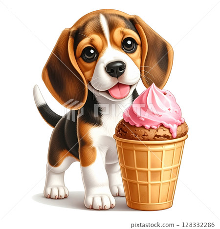 冰淇淋和微笑的小獵犬小狗 2 / 傳單和海報材料 128332286