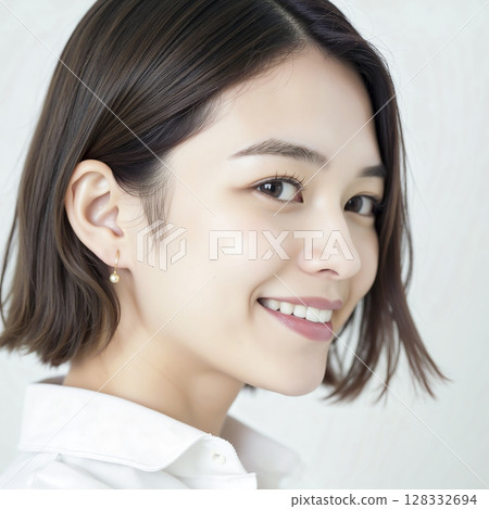 Smiling young Japanese woman profile AI generated image Smiling young Japanese woman profile AI generated image 128332694