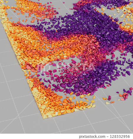 Granular pattern of scattered red, purple and yellow particles on structured background. 128332956