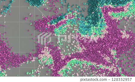 Fragmented colorful particles on grid floor surface. 128332957