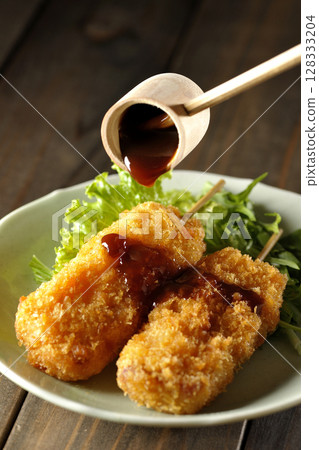 Kushikatsu skewers with vegetables and sauce 128333204