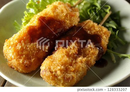 Kushikatsu skewers with vegetables and sauce 128333207