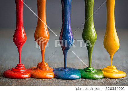 Vibrant Glossy Paint Drips Flowing Down Against Stark Black Background 128334001