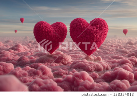 Dreamy Clouds Shaped Like Hearts in Romantic Atmosphere with Hot Air Balloons Floating Above Dreamy Clouds Shaped Like Hearts in Romantic Atmosphere with Hot Air Balloons Floating Above 128334018