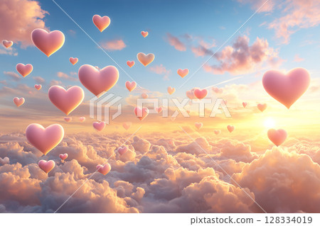 Dreamy Hearts Floating Among Soft Clouds in a Romantic Sunset Sky 128334019