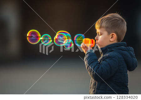 Cheerful Child Blowing Soap Bubbles in a Joyful Moment of Playtime Outdoors Cheerful Child Blowing Soap Bubbles in a Joyful Moment of Playtime Outdoors 128334020