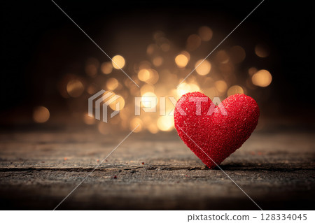 Vibrant Red Heart Decoration on Wood Background with Glimmering Lights for Romantic Occasions Vibrant Red Heart Decoration on Wood Background with Glimmering Lights for Romantic Occasions 128334045