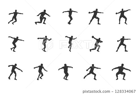 Discus thrower silhouette, Discus silhouettes, Discus thrower player silhouette, Discus thrower svg, Discus svg, Discus thrower player svg, Discus thrower vector set. 128334067