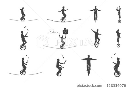 Person riding unicycle svg, People riding unicycle silhouette, Circus unicycle silhouette, Circus unicycle svg, Circus juggler artist silhouette. Person riding unicycle svg, People riding unicycle silhouette, Circus unicycle silhouette, Circus unicycle svg, Circus juggler artist silhouette. 128334076