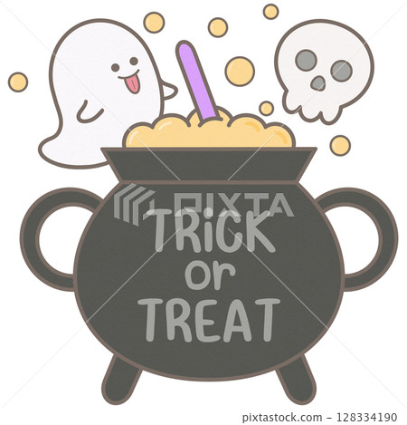 Cute happy halloween element witch cauldron with ghosts Cute happy halloween element witch cauldron with ghosts 128334190