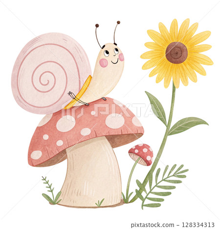 Cute snail holding a flower sitting on a mushroom's back Clipart Watercolor  128334313
