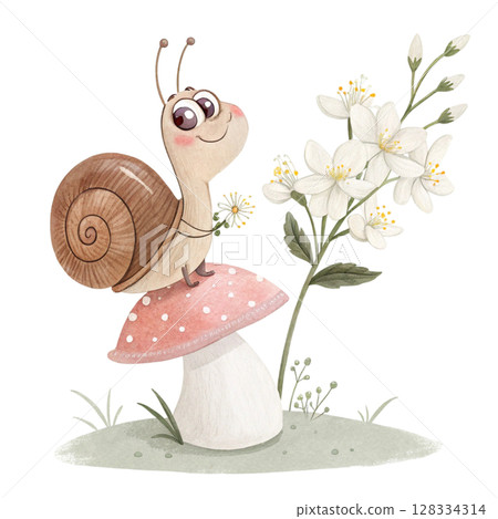 Cute snail holding a flower sitting on a mushroom's back Clipart Watercolor  128334314