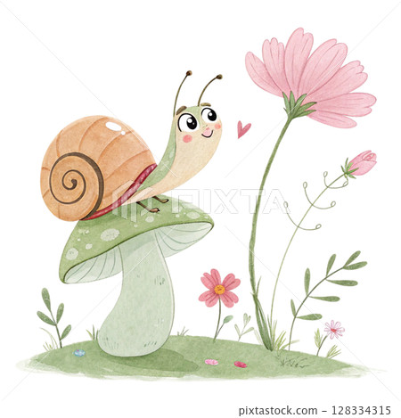 Cute snail holding a flower sitting on a mushroom's back Clipart Watercolor Cute snail holding a flower sitting on a mushroom's back Clipart Watercolor 128334315