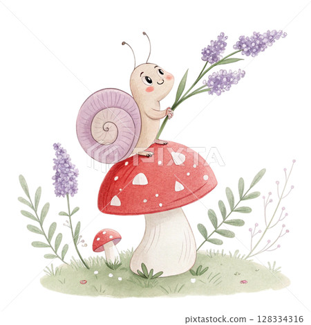Cute snail holding a flower sitting on a mushroom's back Clipart Watercolor  128334316