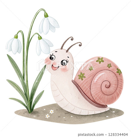 Cute snail with flowers Clipart watercolor Cute snail with flowers Clipart watercolor 128334404