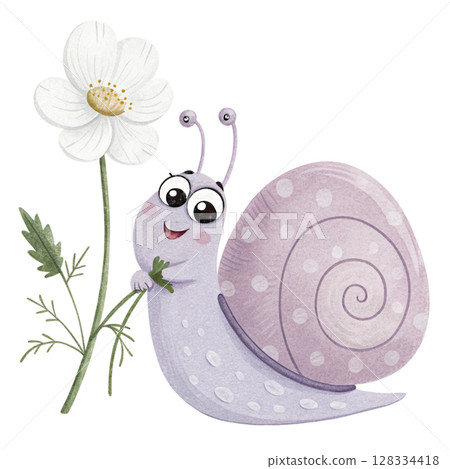 Cute snail with flowers Clipart watercolor  128334418