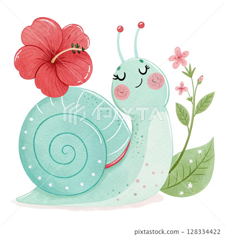 Cute snail with flowers Clipart watercolor Cute snail with flowers Clipart watercolor 128334422