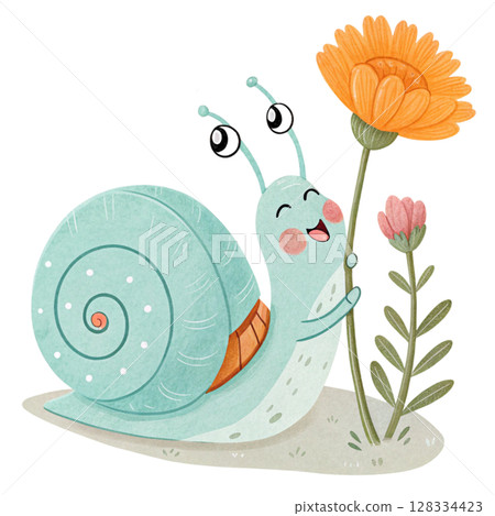 Cute snail with flowers Clipart watercolor  128334423