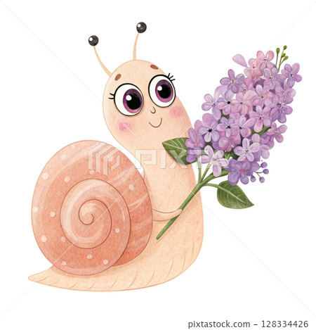 Cute snail with flowers Clipart watercolor  128334426