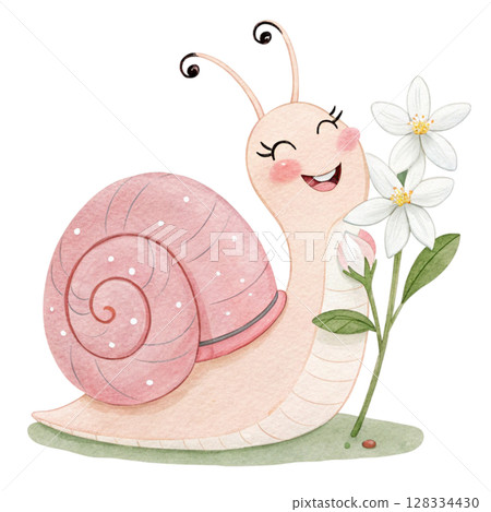 Cute snail with flowers Clipart watercolor  128334430