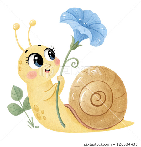 Cute snail with flowers Clipart watercolor  128334435