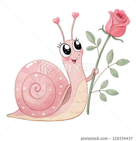 Cute snail with flowers Clipart watercolor  128334437