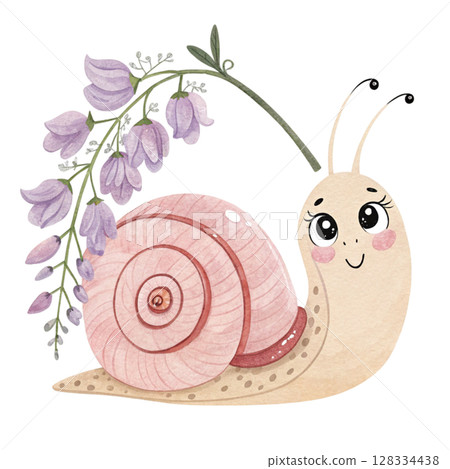 Cute snail with flowers Clipart watercolor  128334438